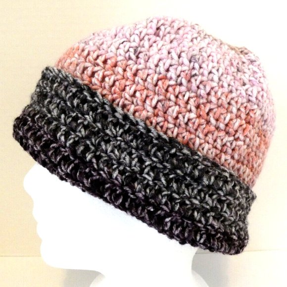 Colorful Pink Black Beanie Multicolor Cap Roll Hat Handmade Crochet USA Size M - Picture 1 of 6